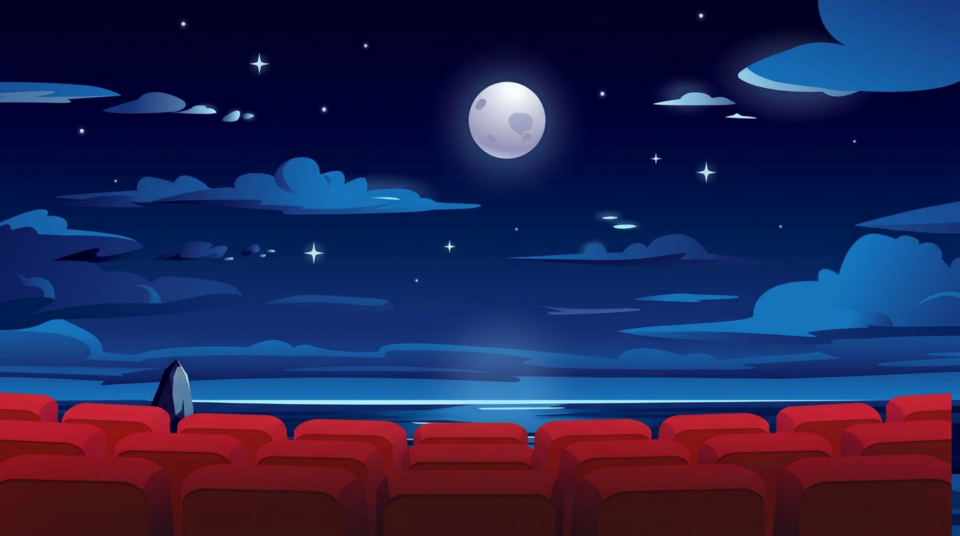 Arena del Cinéma de la Plage — luna piena sul mare di Catania, palme in silhouette e poltrone rosse